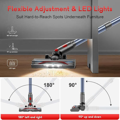 BSNAW Cordless Stick Vacuum Cleaner - Rechargeable, 35Kpa Powerful Vacuums with Detachable Battery, LED Display, 45Mins Runtime, 8 in 1 Handheld Vacuum for Hardfloor & Carpets Pet Hair, Red