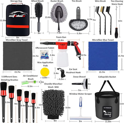 AUTODECO 35Pcs Car Wash Detailing Kit Cleaning Kits with Foam Gun Sprayer Collapsible Bucket Brush Large Wash Mitt Towels Complete Interior Exterior Car Washing Supply Set Black