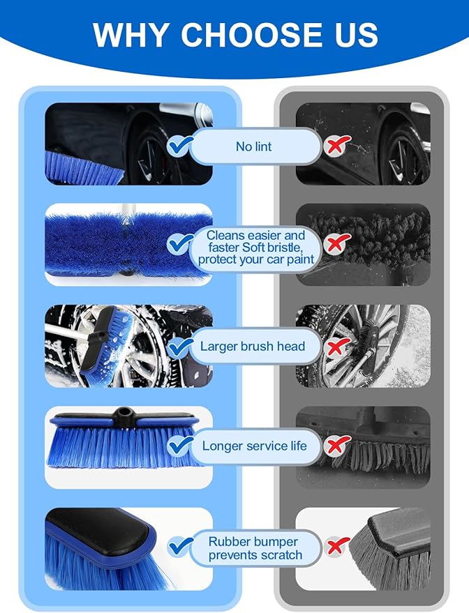 PBT Car Wash Brush with Long Handle 10'' Larger Soft Bristle Brush Head Rubber Bumper for Vehicle Wheel RV SUV Boat Truck Solar Panel Deck Washing, 60'' 151cm