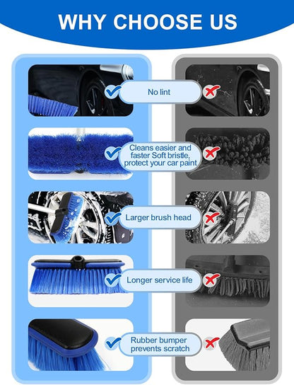 PBT Car Wash Brush with Long Handle 10'' Larger Soft Bristle Brush Head Rubber Bumper for Vehicle Wheel RV SUV Boat Truck Solar Panel Deck Washing, 60'' 151cm