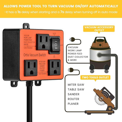 Automatic Vacuum Switch, Ortis Vacuum Switch for More Power Tools, Delay Vacuum On/Off to Prevent Circuit Overload and Tripping, Keep Your Workplace Cleaner, Better for Your Lung