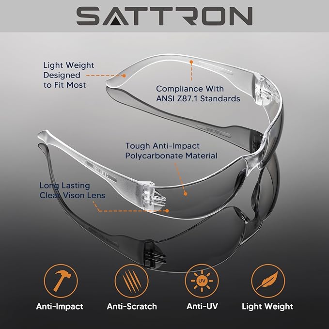SATTRON Clear Safety Glasses Bulk of 50, ANSI Z87.1 Eye Protection for Women Men, Scratch & Impact Resistant Protective Glasses, Ideal for Lab, Construction, Shooting