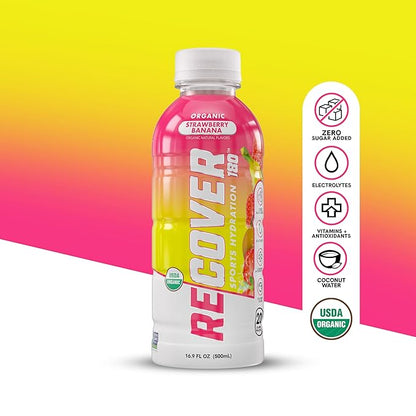 RECOVER 180 Organic Sports Hydration Drink, No Sugar Added, 20 Calorie Sports Beverage, Organic Flavors With Vitamins, Potassium-Packed Electrolytes (16.9 Fl Oz (Pack of 12), Strawberry Banana)