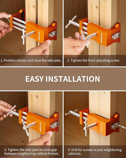 DAYDOOR Professional Cabinet Clamps 2 Pack, Heavy-Duty Cast Steel, Integrated Drill Guide & EVA Protection, Face Frame Alignment Tool for Cabinet Installation & Woodworking, Orange