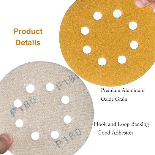 Aiyard 5-Inch 8-Hole Hook and Loop Sanding Discs 180-Grit Random Orbit Sandpaper, 100-Pack