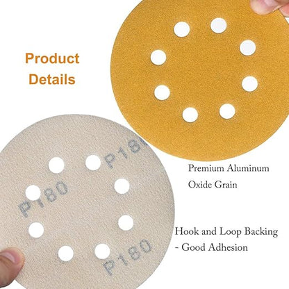Aiyard 5-Inch 8-Hole Hook and Loop Sanding Discs 180-Grit Random Orbit Sandpaper, 100-Pack