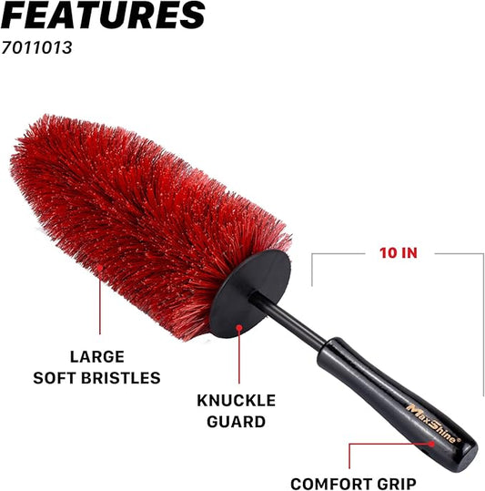 Maxshine Wheel & Rim Brush 10” (Red & Black) | Large Soft Bristle PP Material with Comfort Grip & Knuckle Guard | Scratch-Free Wheel Cleaning Brush | Universal Car Detailing Tool for Rims & Tires