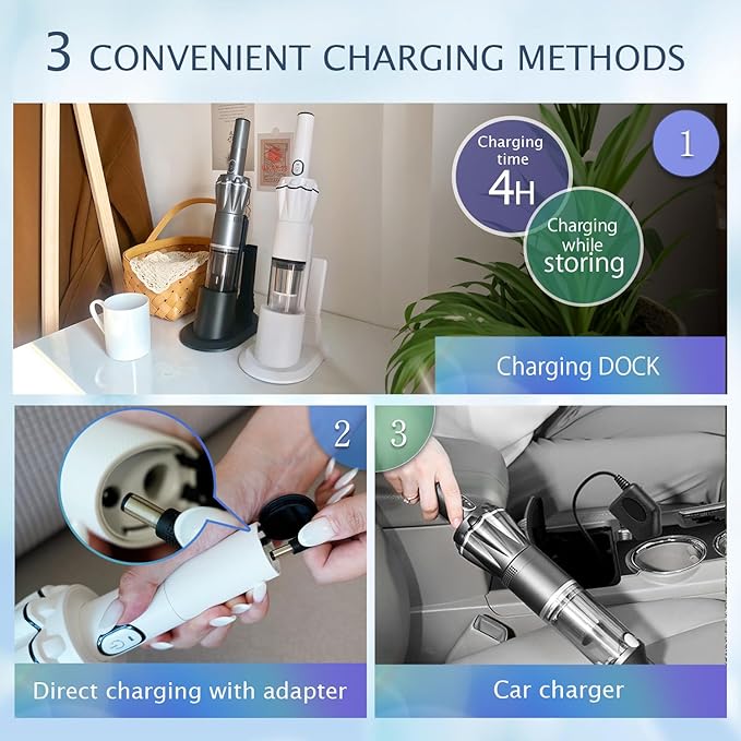 HIKALION Handheld Vacuum Cordless 25000PA, Super Lightweight 1lb with Powerful Suction, Charging Dock, Car Charger, Single Touch Empty and Detachable Dust Cup, Portable Mini Car Vac, White