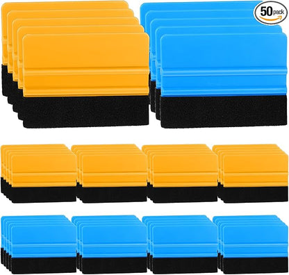 50 Pack Plastic Vinyl Squeegee, 4 Inch Felt Edge Squeegee for Tint Film Decal, Vinyl Wrap Installation Wallpaper Smooth Tool, Vinyls Scraper Decal Applicator Tool, Blue & Yellow