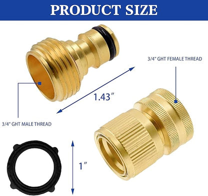 Hourleey Garden Hose Quick Connector, Solid Brass 3/4 Inch GHT Thread Garden Quick Connect Kit, Male and Female No-Leak Water Hose Fittings (4 Set)