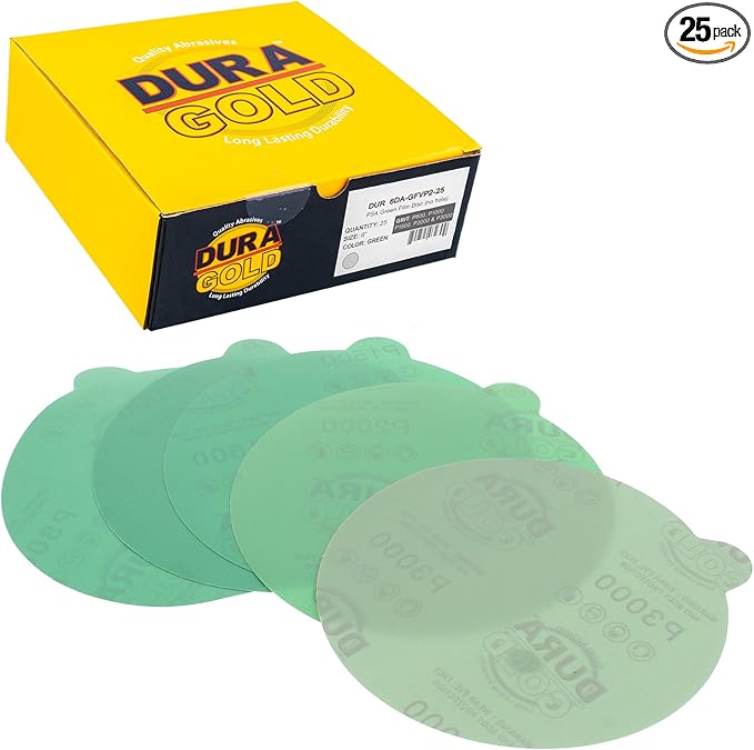 Dura-Gold Premium 800, 1000, 1500, 2000, 3000 Grit 6" Green Film PSA Sanding Discs, 5 Each, 25 Total, Self Adhesive Stickyback Sandpaper for DA Sander, Finishing Sand Automotive Paint Woodworking Wood