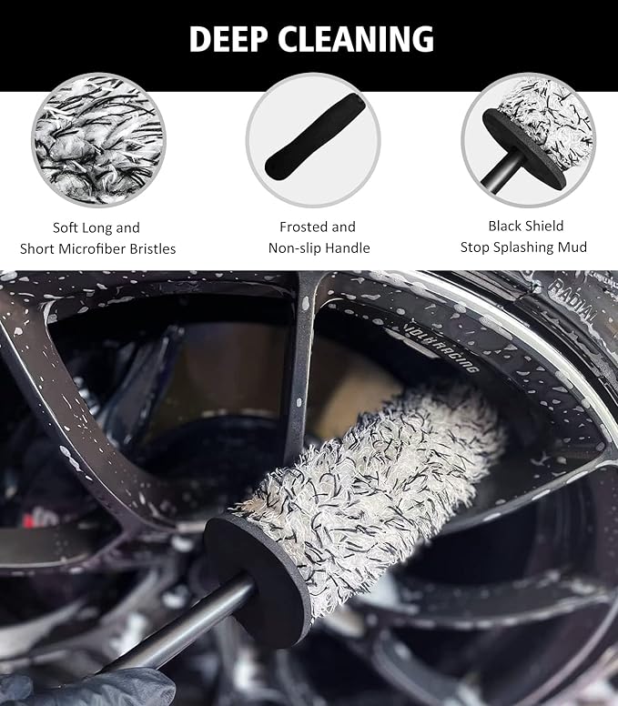 YeewayVeh 4Pack Car Wheel Cleaning Kit, Bendable Wheel Brush and Microfiber Rim Cleaner Brush, Tire Brush and Car Detailing Brush, Soft & No-Scratch Car Wheel Rim Brush Set for All Wheel Types, Red