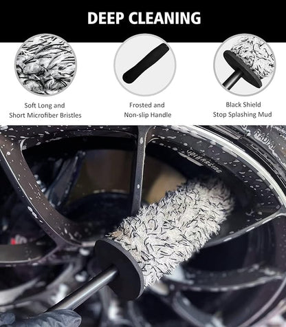 YeewayVeh 4Pack Car Wheel Cleaning Kit, Bendable Wheel Brush and Microfiber Rim Cleaner Brush, Tire Brush and Car Detailing Brush, Soft & No-Scratch Car Wheel Rim Brush Set for All Wheel Types, Red