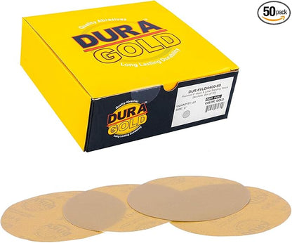 Dura-Gold Premium 400 Grit 6" Gold Sandpaper Discs, No Hole Pattern Dustless, Box of 50, Hook & Loop Backing for DA Sander, Finishing Coarse Sanding Abrasive Automotive Paint, Woodworking Wood, Metal