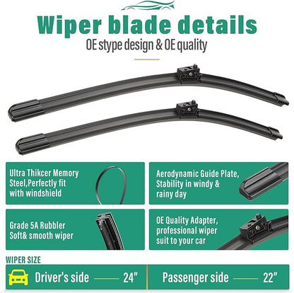 24" 22" 12" Windshield Wiper Blades Replacement for Mercedes-Benz GLB250 GLB35 AMG 2020 2021 2022 2023 2024 2025 GLB 250 35AMG X247 Premium All Weather Front Rear Wipers Set - OEM Quality (Pack of 3)