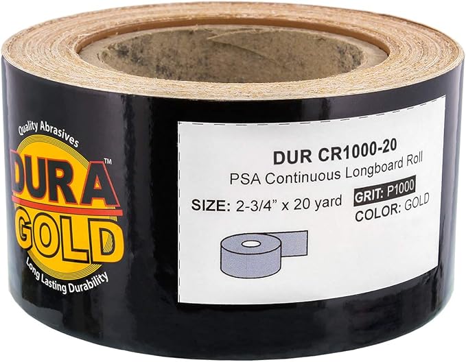 Dura-Gold Premium Gold 1000 Grit PSA Longboard Sandpaper, 20 Yard Roll, 2-3/4" Wide, Self Adhesive Stickyback, Woodworking & Automotive Sandpaper Roll, Air File Sand Paper, Auto Sanding Blocks