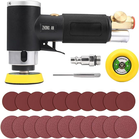 ZHONG AN 2 3-inch Mini Orbital Sander da sander Air Dual Action Sander Air Polisher Super Smooth and Swirl Freely High Speed for Auto Body Work with 20 PCS Sanding Discs (BLACK)