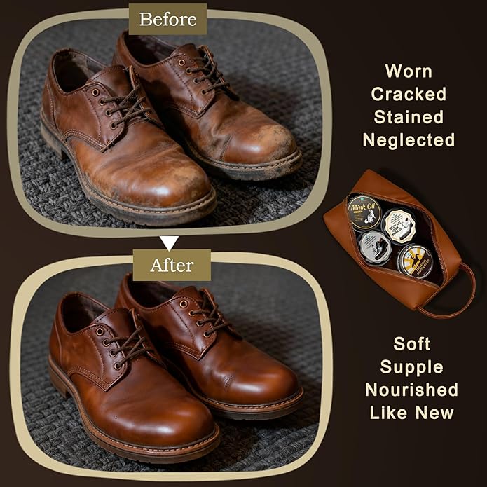 Shoe Care Kit – 16-in-1 Leather Shoe Polish, Cleaning & Conditioning Kit with Saddle Soap & Mink Oil – Black/Brown/Neutral Shoe Polish, 3 Horsehair Brushes – Luxury Leather Bag – Gift for Men & Women