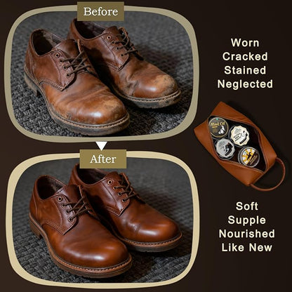 Shoe Care Kit – 16-in-1 Leather Shoe Polish, Cleaning & Conditioning Kit with Saddle Soap & Mink Oil – Black/Brown/Neutral Shoe Polish, 3 Horsehair Brushes – Luxury Leather Bag – Gift for Men & Women