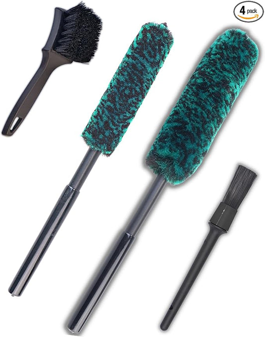 Wheel Brushes for Cleaning Wheels (4 Pro Pack)- 2X Soft Wheel Cleaning Woolies Brush, Detailing Brush and Stiff Tire Brush, Scratch Free Durable Car Wheel Rim Brush Kit for Car Rim and Tire Detailing