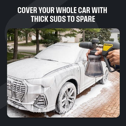 Active Foam Cannon with ¼ inch quick connector for Electric and Gas Pressure Washers. Wide-mouth bottle and variable spray to generate thick snow foam spraying for home DIY car wash & detailing.