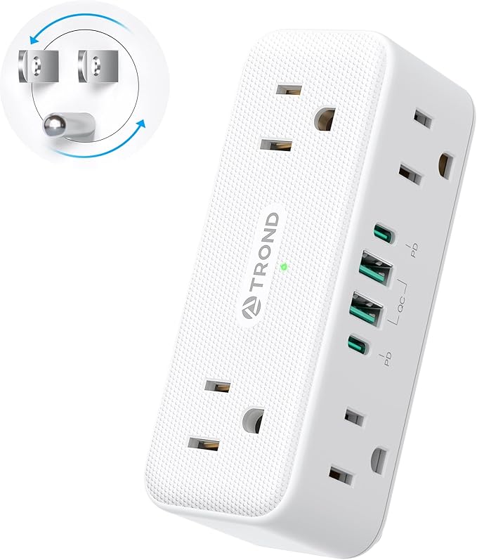 TROND Electrical Outlet Extender, 6 AC Outlet Splitter with 360° Rotating Plug, Multi Plug Adapter with PD 20W USB C, 2 USB-A & 2 USB-C, 3 Way Wall Extension Adapter for Home Office Travel Dorm