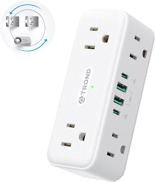 TROND Electrical Outlet Extender, 6 AC Outlet Splitter with 360° Rotating Plug, Multi Plug Adapter with PD 20W USB C, 2 USB-A & 2 USB-C, 3 Way Wall Extension Adapter for Home Office Travel Dorm