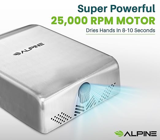 Alpine Commercial Hand Dryer with HEPA Filter, 8 Seconds Extreme Speed Electric Hand Dryer for Home Bathroom/Restaurant with Heat & Speed Control - ADA Compliant (120V Stainless Steel)