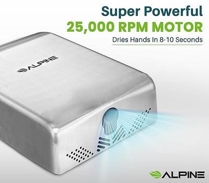 Alpine Commercial Hand Dryer with HEPA Filter, 8 Seconds Extreme Speed Electric Hand Dryer for Home Bathroom/Restaurant with Heat & Speed Control - ADA Compliant (120V Stainless Steel)