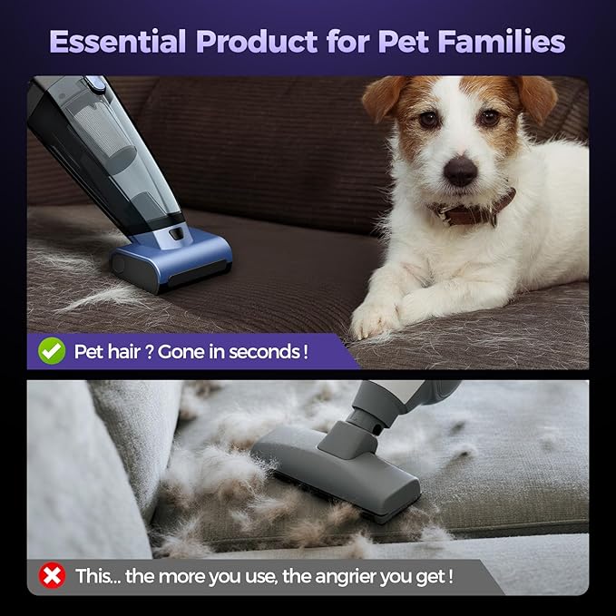 Pet Hair Handheld Vacuum Cordless: 20000PA High Power Car Vacuum with Motorized Brush and LED Light, Rechargeable Hand Held Vacuum Cleaner with Reusable Filter for Car, Home, Office & Pet, Blue