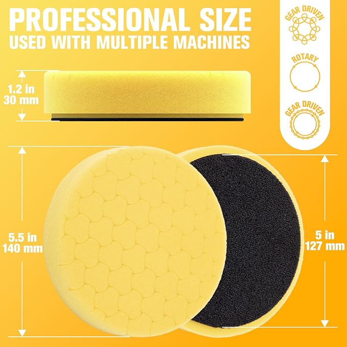 KUIMIT Yellow Polish Pad, 3Pcs 5.5 Inch Face for 5 Inch Buffing Polishing Pads and Woolen Pads 125mm Backing Plate Compound Buffing Sponge for Car Buffer Polisher Compounding, Polishing and Waxing