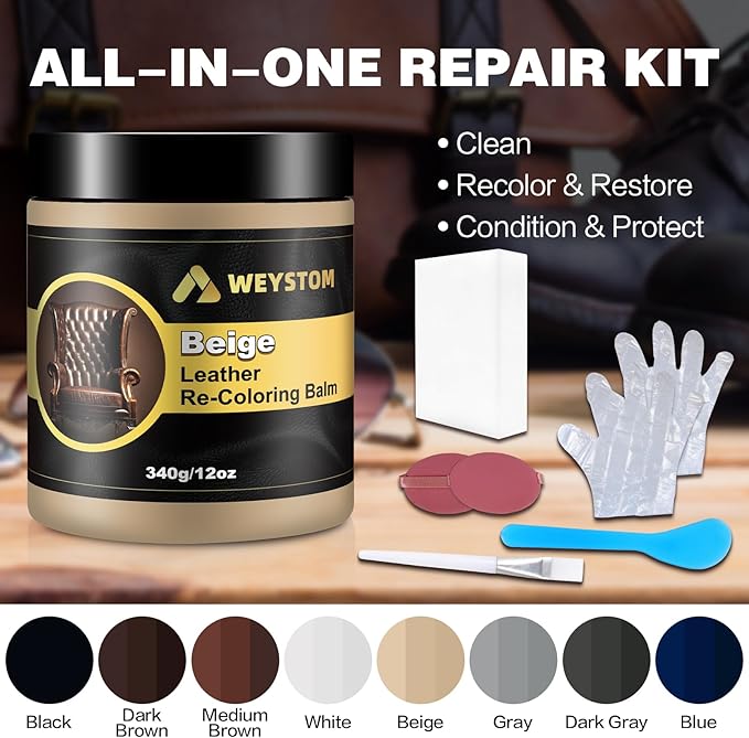 WEYSTOM Leather Recoloring Balm, 12oz Large Size Leather Dye, Color Restorer, Scratch Repair, Furniture & Couch Restorer Kit, Repair Kit for Furniture(Beige)