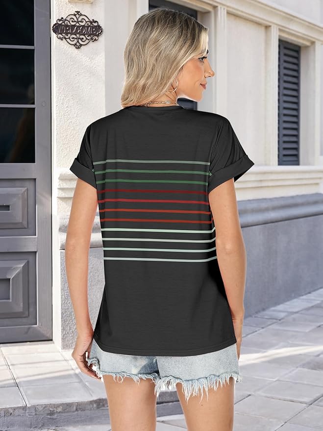 Womens Summer Tops Short Dolman Sleeve Crew Neck Striped Shirts Spring 2026 Fashion Beach Vacation Clothing