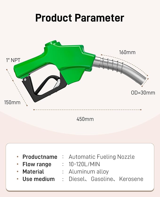 1 Inch NPT Automatic Fueling Nozzle 1-3/16 Inches(OD=30mm) Spout Auto Shut Off Aluminum Alloy, High Spout Car Refilling Nozzles Used for Diesel Petrol Gasoline Kerosene