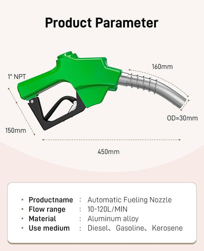 1 Inch NPT Automatic Fueling Nozzle 1-3/16 Inches(OD=30mm) Spout Auto Shut Off Aluminum Alloy, High Spout Car Refilling Nozzles Used for Diesel Petrol Gasoline Kerosene