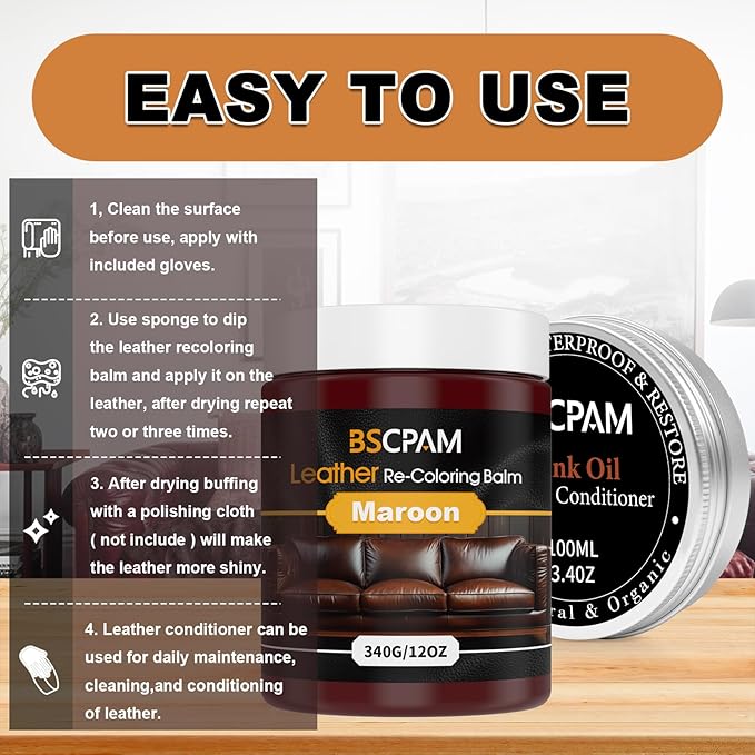 BSCPAM 12oz Leather Recoloring Balm & 3.4oz Mink Oil Leather Conditioner kit,Maroon Leather Color Repair Kits for Couches, Leather Couch Paint Scratch Repair for Furniture Car Sofa Shoes Leather Dye