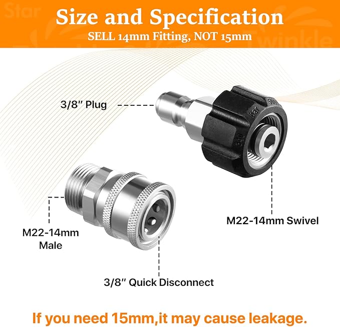 Twinkle Star Pressure Washer Adapter Set, Stainless Steel Quick Disconnect Kit, M22 14 mm Quick Connect Swivel to 3/8'' Quick Connect Fittings, 3/4" to Quick Release 9 Sets