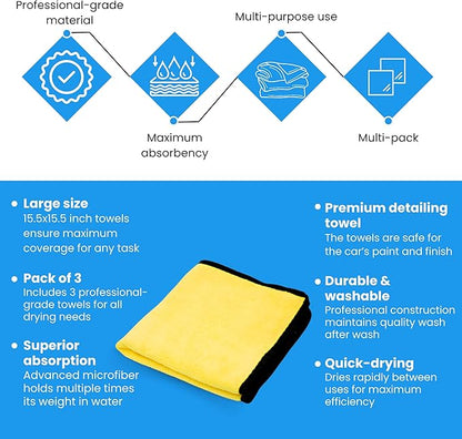 Microfiber Towels for Cars - 15.7" x 15.7" inches, Highly Absorbent Professional Grade Drying Towel Set for Superior Cleaning and Drying Performance - Car Drying & Kitchen Towel - Pack of 3