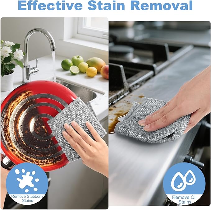TIVERAIN 10pcs New Upgrade 2-Layer Microfiber Wire Dishcloth,Non-Scratch Wire Dishwashing Rags for Wet and Dry,Metal Scrubbers, Kitchen Miracle Cleaning Dish Rags for Cookware,Sinks, Dishes,Stove,Grey