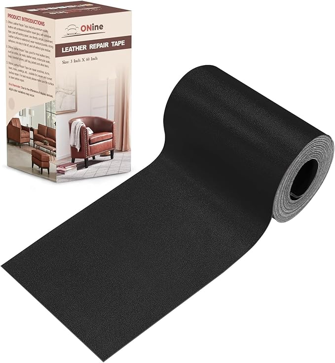 ONine Leather Repair Patch，Leather Repair Tape, 3 x 60 inches Leather Repair Patch for Furniture,Vinyl Repair kit，Leather Couch Patch，for Sofas, Furniture, car Seats(Black-Fine Grain)