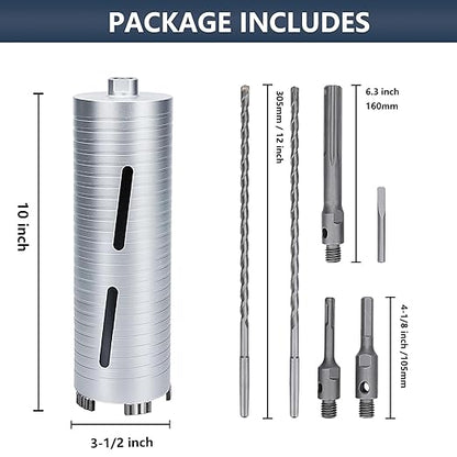 3-1/2 inch Diamond Dry Core Drill Bit, 10" Drilling Depth, 5/8"-11 Thread Core Drill Bit for Concrete Masonry Brick Block, Includes 3 Adapters SDS Plus, SDS Max and Hex (3-1/2 inch)