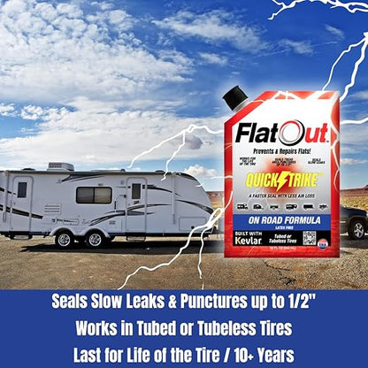 FlatOut QuickStrike Tire Sealant On-Road Formula - Prevent Flat Tires - Seal Leaks - Contains Kevlar - Tubeless Tire Sealant - Fast-Acting Formula - 32 Ounce Bag - Pack of 4
