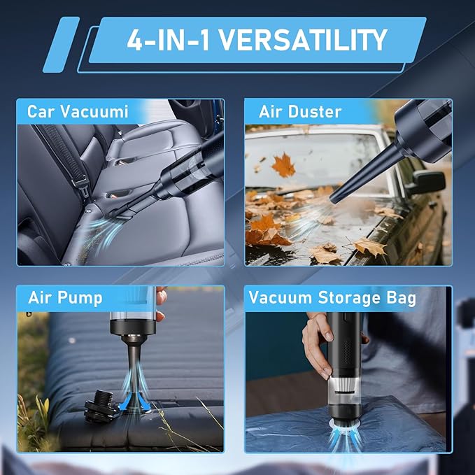 Enkarsen Cordless Car Vacuum,4-in-1 Portable Mini Handheld Vac,2 Suction Modes,16kpa Suction Power Blowing & Inflating 2 Modes,Vacuum for Car,Home,Pet Hair,Office, Desk,Keyboards (Black)
