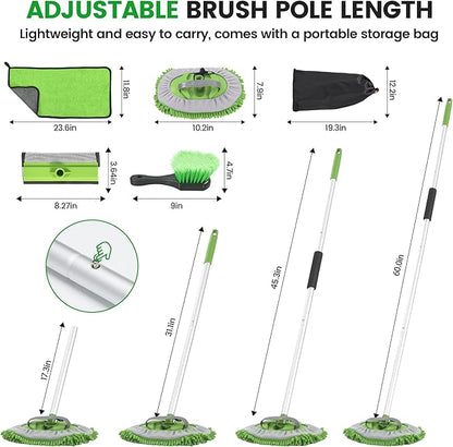 Car Wash Brush with Long Handle, 60'' Car Wash Mop, 7Pcs Chenille Microfiber Cars Washing Kit with Window Squeegee/Microfiber Towels /Wheel Brush for Cars RV Truck Boat Floor Window, Green
