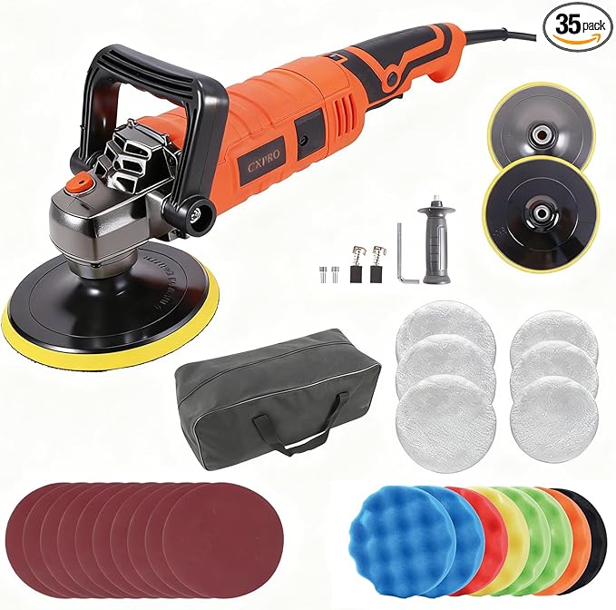 35pcs Buffer Polisher Kit, 1600W Rotary Polisher With 6Inch/7 Inch Pads , 7-Speed 1000-3500 RPM, Detachable Handle For Car, Boat Sanding, Polishing, Waxing
