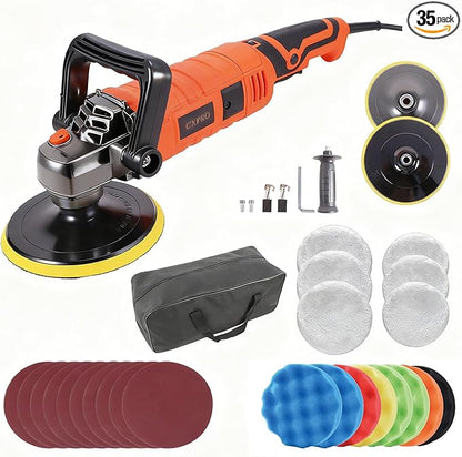 35pcs Buffer Polisher Kit, 1600W Rotary Polisher With 6Inch/7 Inch Pads , 7-Speed 1000-3500 RPM, Detachable Handle For Car, Boat Sanding, Polishing, Waxing