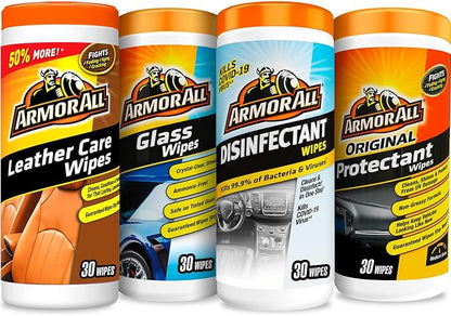 Armor All Interior Car Cleaning Wipes Kit, Disinfects, Protects, and Cleans Car Interiors, Includes Leather Care Wipes, Glass Wipes, Disinfectant Wipes, and Protectant Wipes, 4 Count
