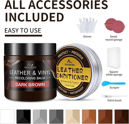 SHABEIBEI Leather Recoloring Balm with 100ml Mink Oil, Dark Brown Leather Repair Kit and Scratch Remover for Furniture, Car Seats, Sofas, Dye & Restorer for Couches, Vinyl, PU, Faux
