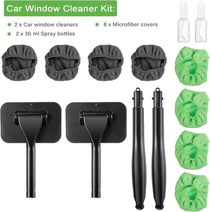 Frienda 2 Set Windshield Cleaner Tool Inside Car Windshield Cleaning Wand Auto Window Cleaner with Detachable Handle, 8 Reusable Microfiber Pads and 2 Spray Bottles for Car Interior(Gray, Green)