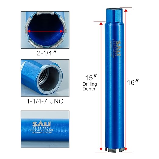 SALI Wet Diamond Core Drill Bits 2-1/4"/57mm Diameter, 15"/380mm Drilling Depth Concrete Core Drill Bit, 1-1/4-7" Thread Core Bit Turbo Laser-Welded Segments with Rebar, Brick, Block, Masonry, Stone